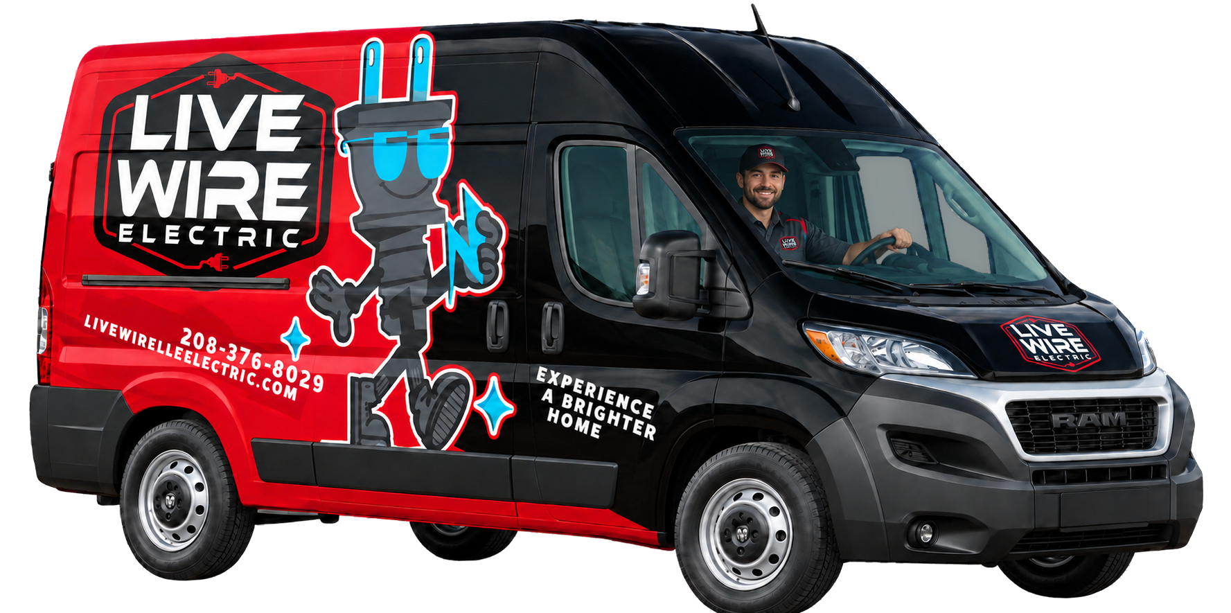 Live Wire Electric branded service van with Sparky artwork and a technician at the wheel