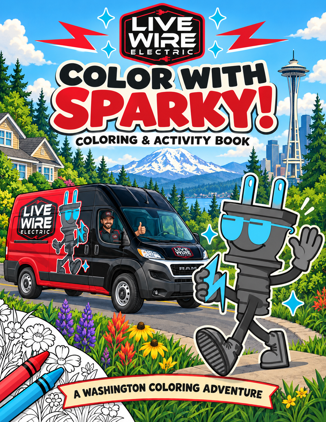 Color with Sparky coloring and activity book artwork with Sparky, a Live Wire Electric van, Mount Rainier and the Space Needle.