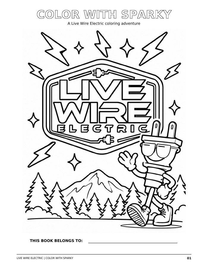 Sparky waves beneath the Live Wire Electric logo, with lightning bolts, mountains, trees and a space for the owner's name.