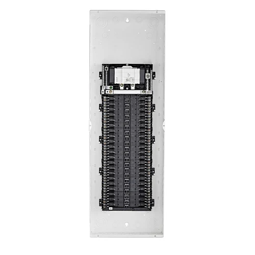 Leviton LP420-BPD 42-space load center; smart breakers and monitor are separate equipment
