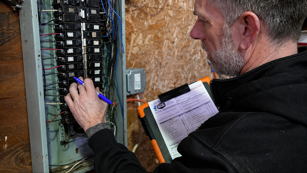 A technician holding a clipboard and pointing a pen toward breakers in an open electrical panel