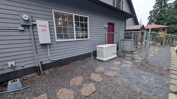 A standby generator beside a house with wall-mounted electrical equipment