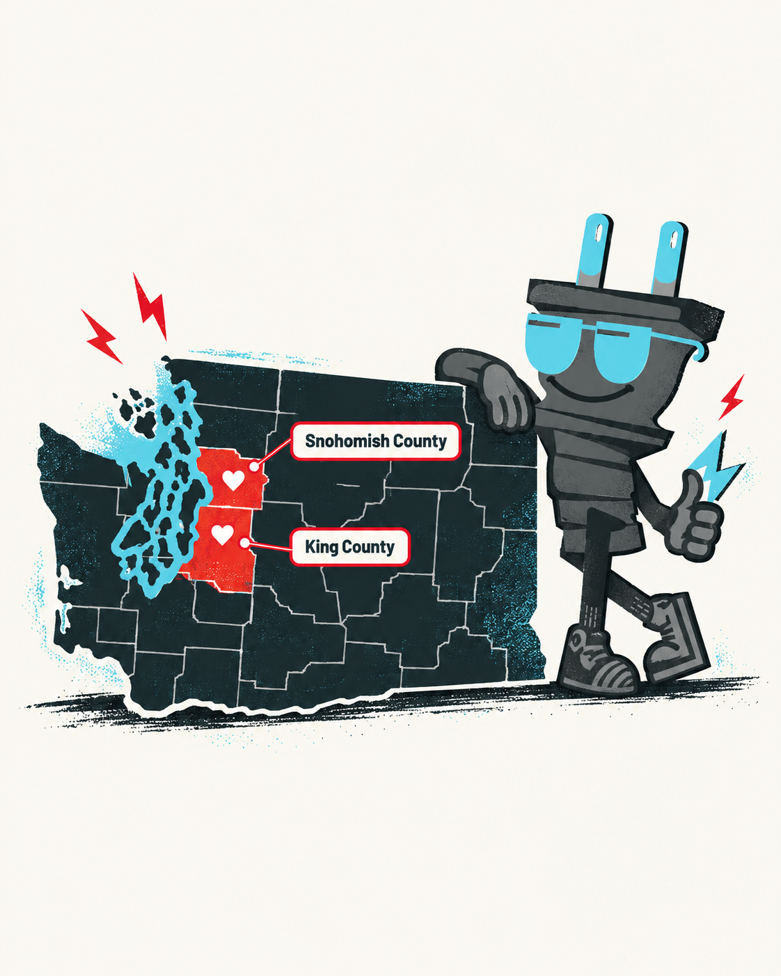 Sparky beside a Washington map highlighting Snohomish County and King County